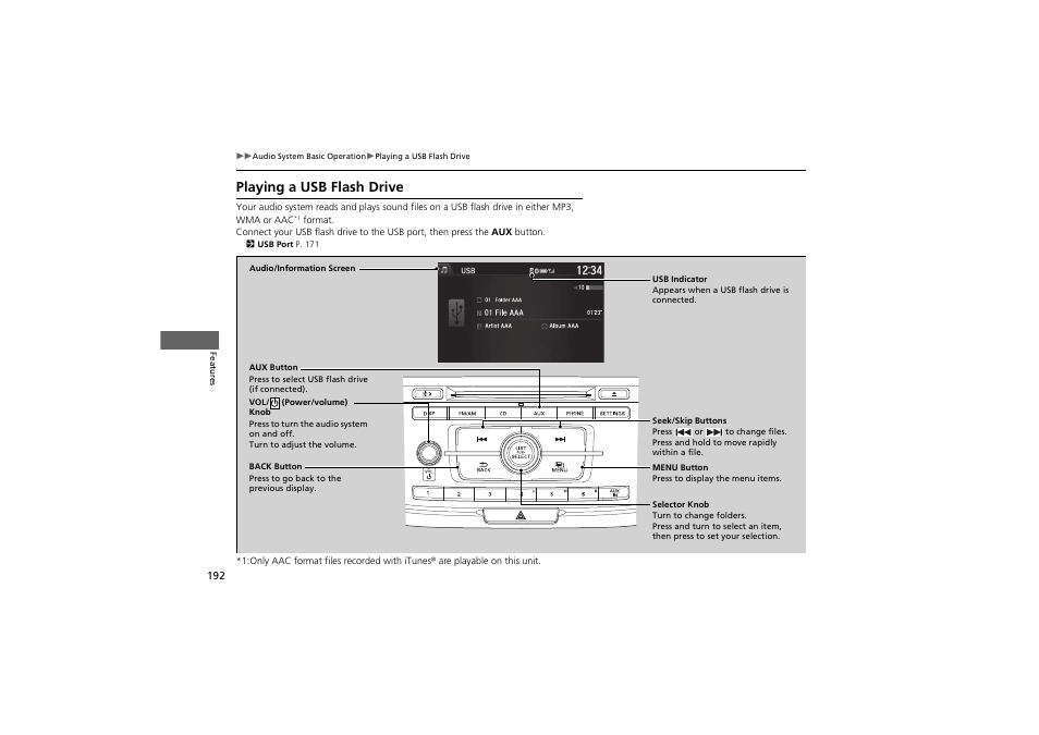 Playing a usb flash drive | HONDA 2014 Accord Hybrid - Owner's Manual User Manual | Page 194 / 561