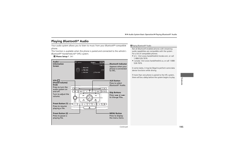 Playing bluetooth ® audio | HONDA 2014 Accord Hybrid - Owner's Manual User Manual | Page 197 / 561