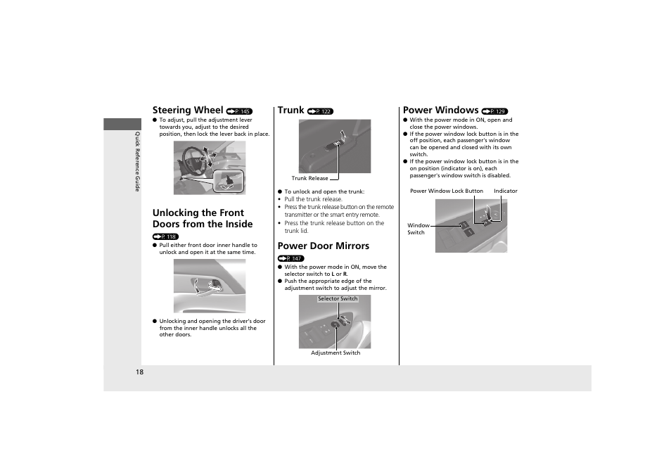 Steering wheel, Unlocking the front doors from the inside, Trunk | Power door mirrors, Power windows | HONDA 2014 Accord Hybrid - Owner's Manual User Manual | Page 20 / 561