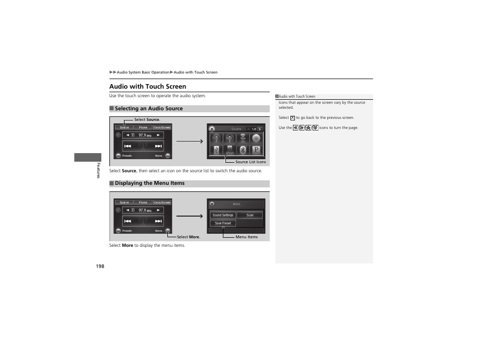 Audio with touch screen | HONDA 2014 Accord Hybrid - Owner's Manual User Manual | Page 200 / 561