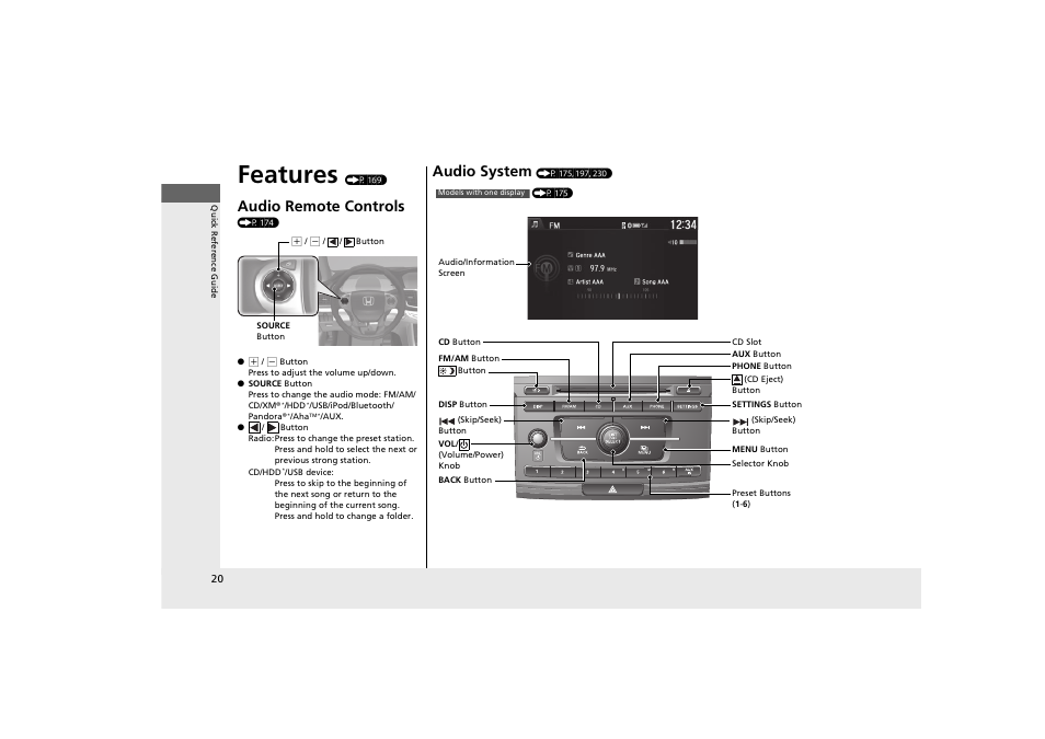 Features, Audio remote controls, Audio system | HONDA 2014 Accord Hybrid - Owner's Manual User Manual | Page 22 / 561