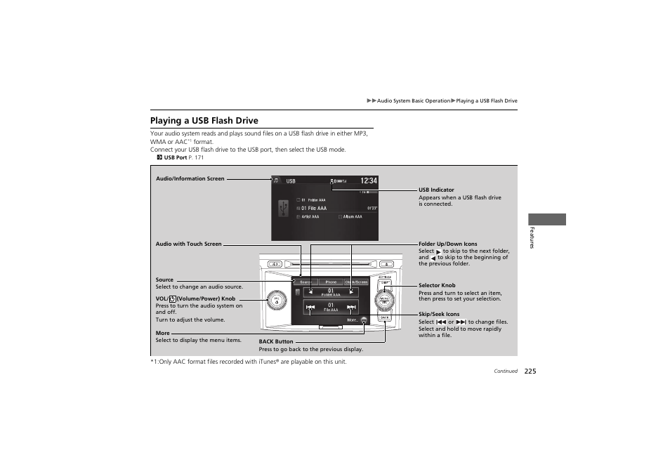 Playing a usb flash drive | HONDA 2014 Accord Hybrid - Owner's Manual User Manual | Page 227 / 561