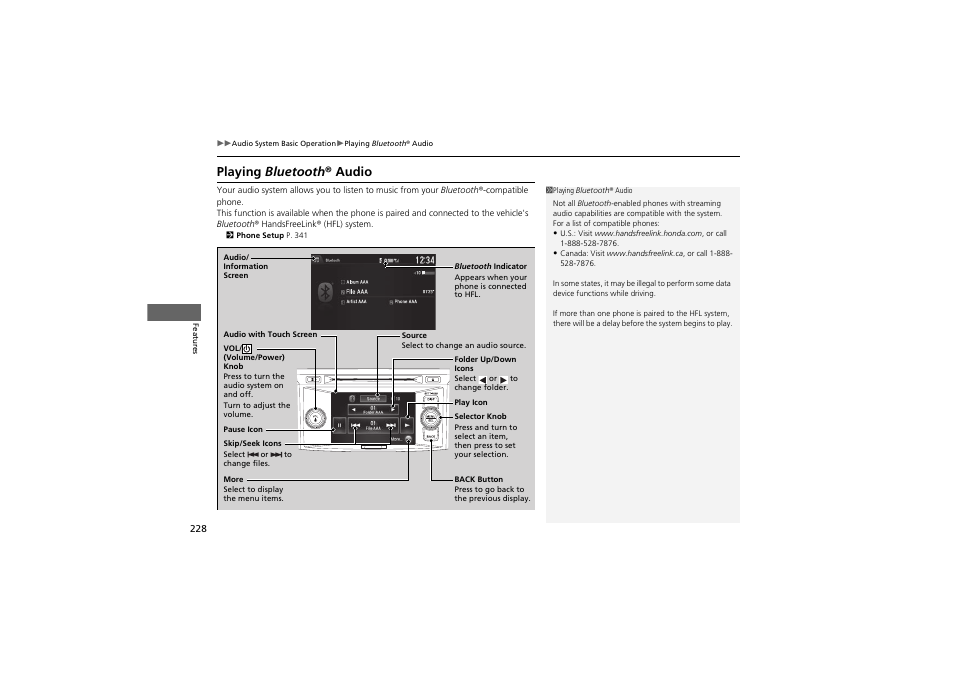 Playing bluetooth ® audio | HONDA 2014 Accord Hybrid - Owner's Manual User Manual | Page 230 / 561