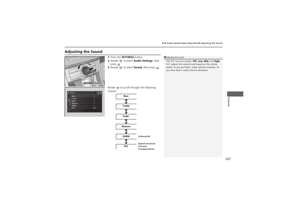 Adjusting the sound | HONDA 2014 Accord Hybrid - Owner's Manual User Manual | Page 239 / 561