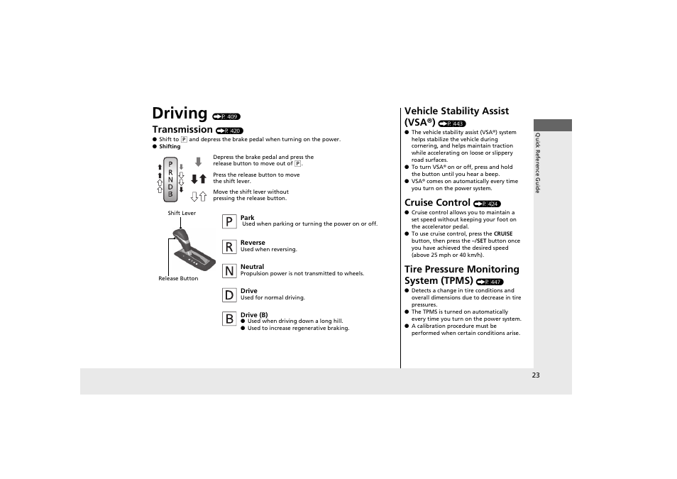 Driving, Transmission, Vehicle stability assist (vsa®) | Cruise control, Tire pressure monitoring system (tpms) | HONDA 2014 Accord Hybrid - Owner's Manual User Manual | Page 25 / 561