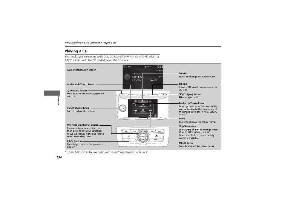 Playing a cd | HONDA 2014 Accord Hybrid - Owner's Manual User Manual | Page 256 / 561