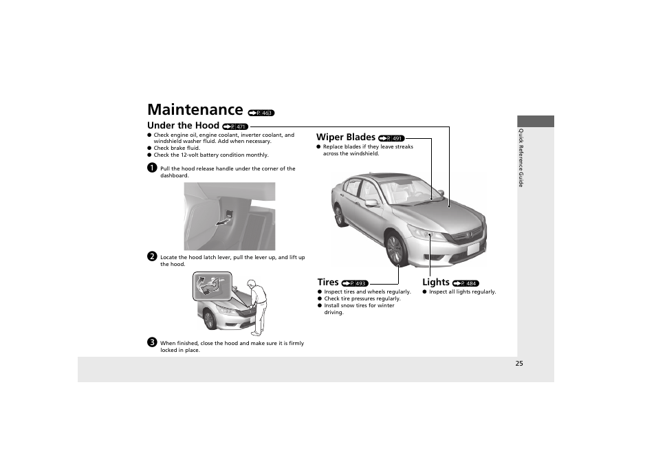 Maintenance, Under the hood, Lights | Wiper blades, Tires | HONDA 2014 Accord Hybrid - Owner's Manual User Manual | Page 27 / 561
