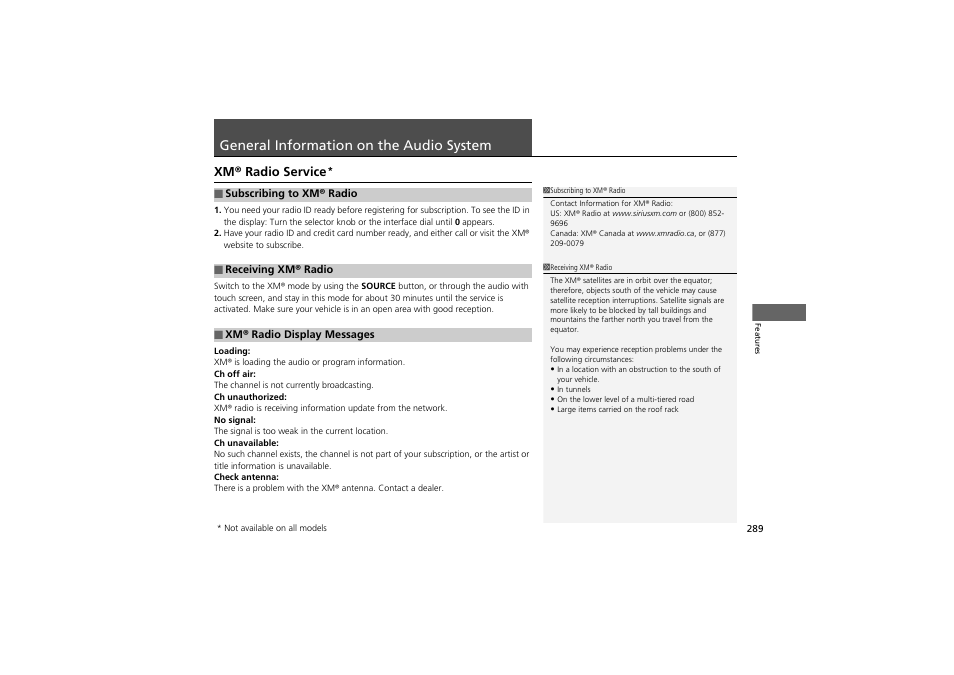 General information on the audio system, Xm® radio service | HONDA 2014 Accord Hybrid - Owner's Manual User Manual | Page 291 / 561