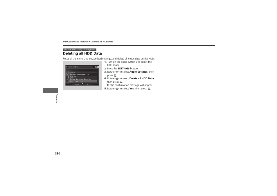 Deleting all hdd data | HONDA 2014 Accord Hybrid - Owner's Manual User Manual | Page 332 / 561