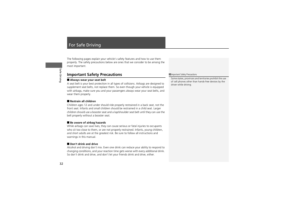 For safe driving, Important safety precautions | HONDA 2014 Accord Hybrid - Owner's Manual User Manual | Page 34 / 561