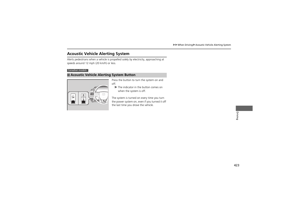 Acoustic vehicle alerting system | HONDA 2014 Accord Hybrid - Owner's Manual User Manual | Page 425 / 561
