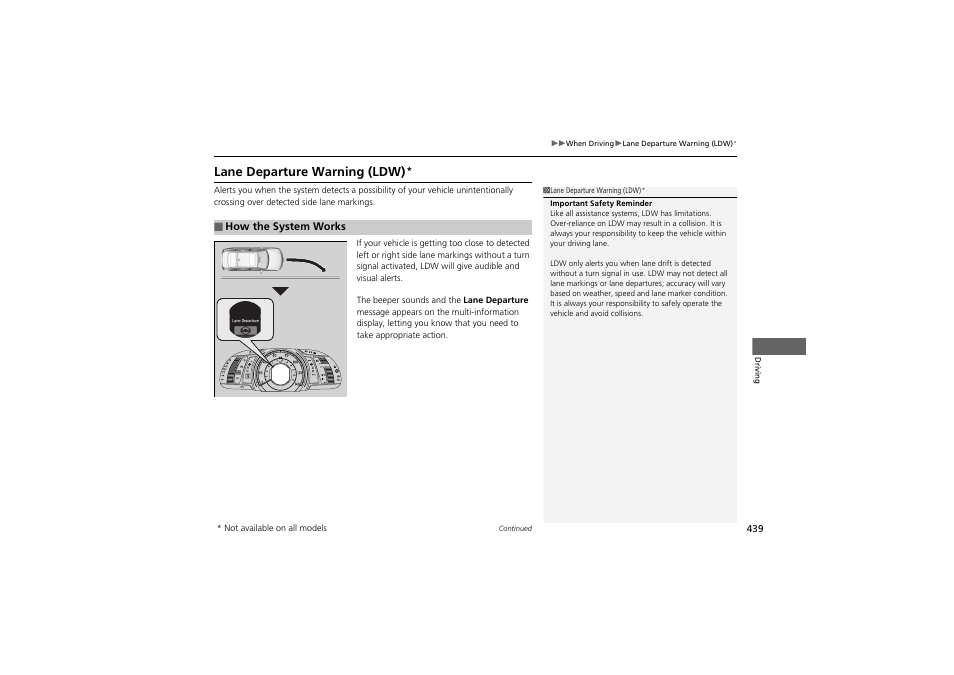 Lane departure warning (ldw) | HONDA 2014 Accord Hybrid - Owner's Manual User Manual | Page 441 / 561