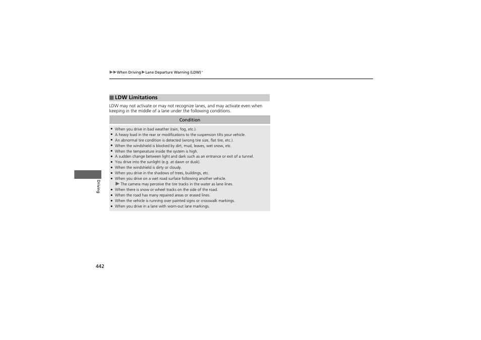 Ldw limitations | HONDA 2014 Accord Hybrid - Owner's Manual User Manual | Page 444 / 561
