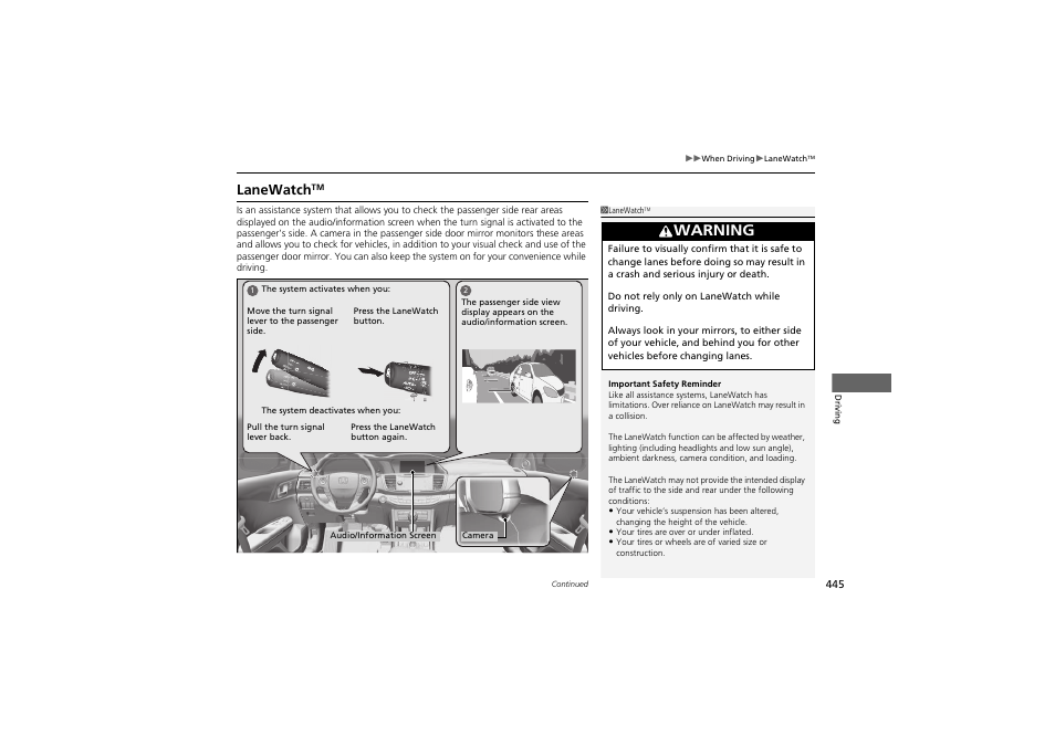 Warning, Lanewatch | HONDA 2014 Accord Hybrid - Owner's Manual User Manual | Page 447 / 561