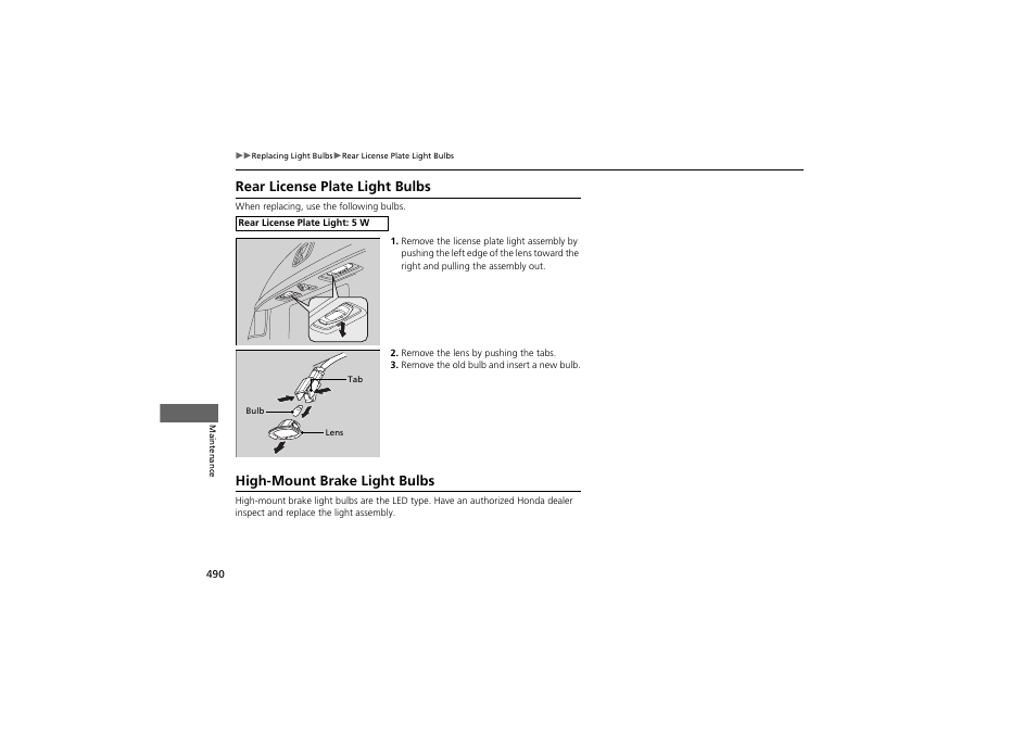 Rear license plate light bulbs, High-mount brake light bulbs | HONDA 2014 Accord Hybrid - Owner's Manual User Manual | Page 492 / 561