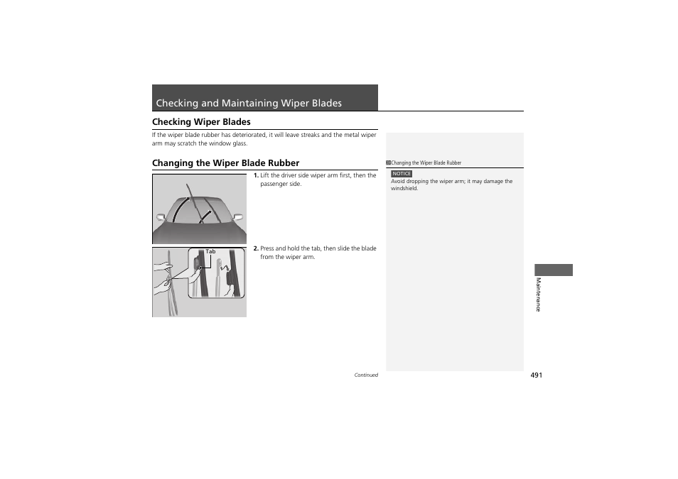 Checking and maintaining wiper blades, Checking wiper blades, Changing the wiper blade rubber | HONDA 2014 Accord Hybrid - Owner's Manual User Manual | Page 493 / 561