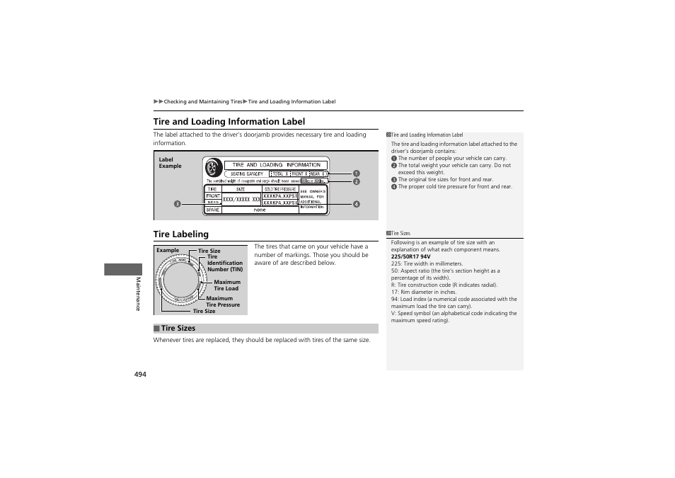 Tire and loading information label, Tire labeling | HONDA 2014 Accord Hybrid - Owner's Manual User Manual | Page 496 / 561