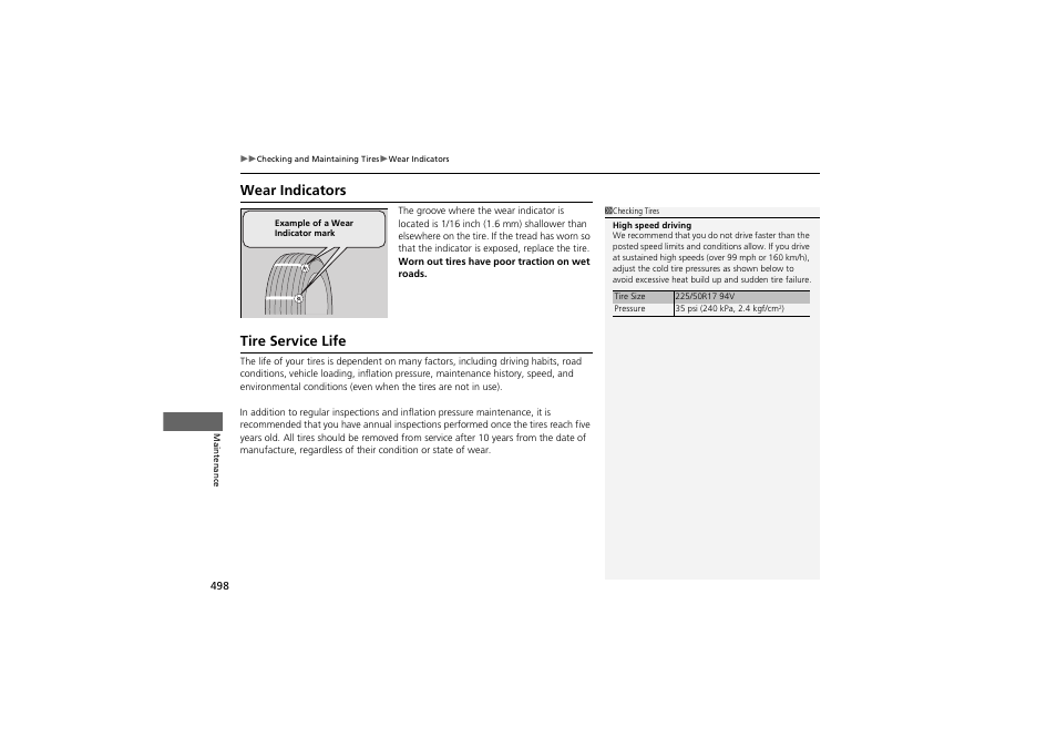 Wear indicators, Tire service life | HONDA 2014 Accord Hybrid - Owner's Manual User Manual | Page 500 / 561