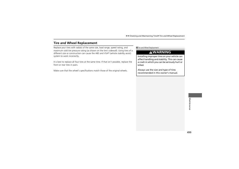 Warning, Tire and wheel replacement | HONDA 2014 Accord Hybrid - Owner's Manual User Manual | Page 501 / 561