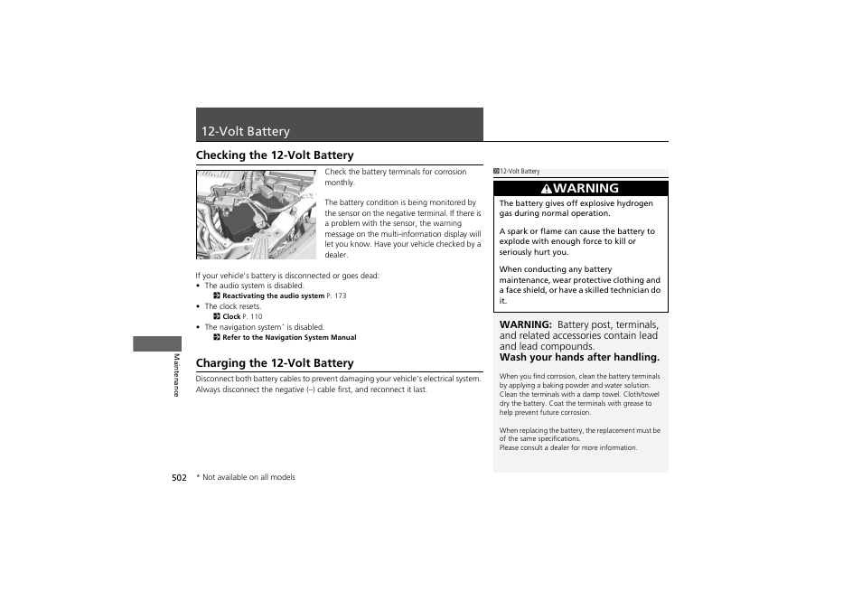 Volt battery, Warning, Checking the 12-volt battery | Charging the 12-volt battery | HONDA 2014 Accord Hybrid - Owner's Manual User Manual | Page 504 / 561