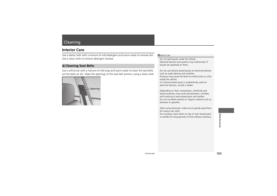 Cleaning, Interior care | HONDA 2014 Accord Hybrid - Owner's Manual User Manual | Page 507 / 561