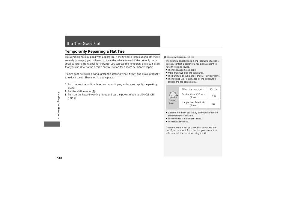 If a tire goes flat, Temporarily repairing a flat tire | HONDA 2014 Accord Hybrid - Owner's Manual User Manual | Page 512 / 561