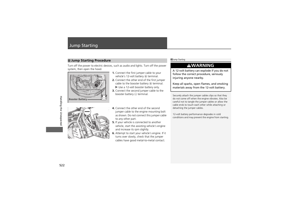 Jump starting, Warning | HONDA 2014 Accord Hybrid - Owner's Manual User Manual | Page 524 / 561