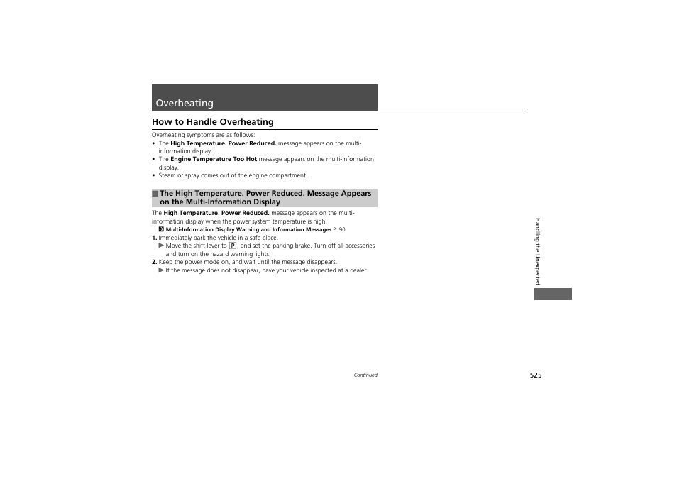 Overheating, How to handle overheating | HONDA 2014 Accord Hybrid - Owner's Manual User Manual | Page 527 / 561