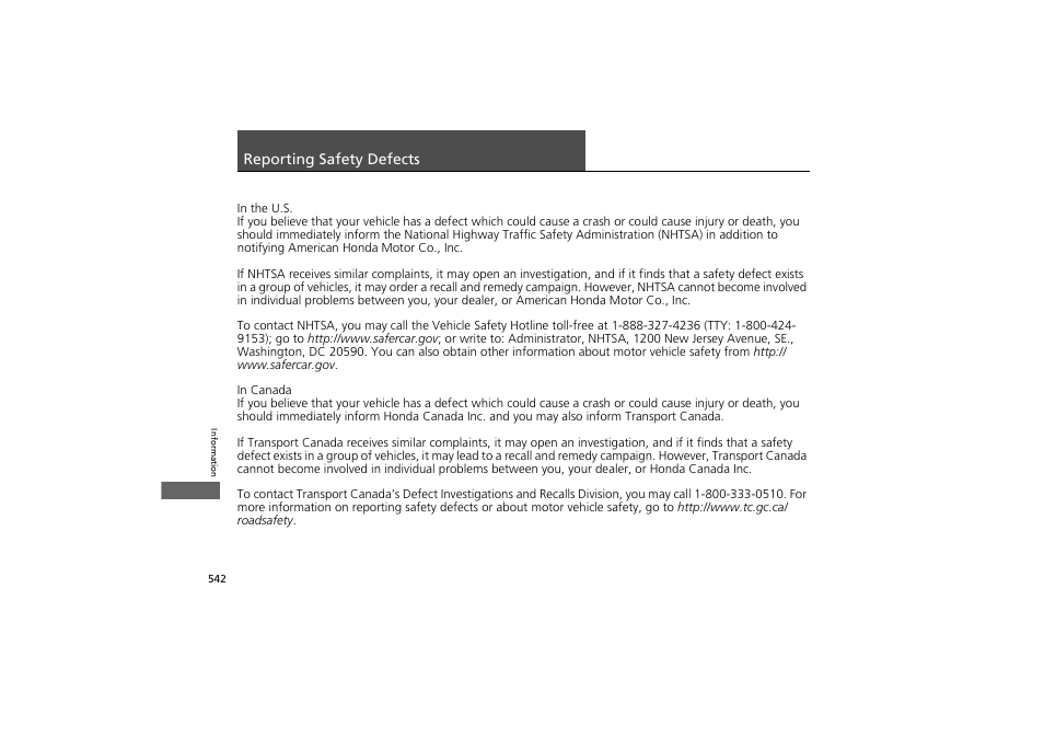 Reporting safety defects | HONDA 2014 Accord Hybrid - Owner's Manual User Manual | Page 544 / 561
