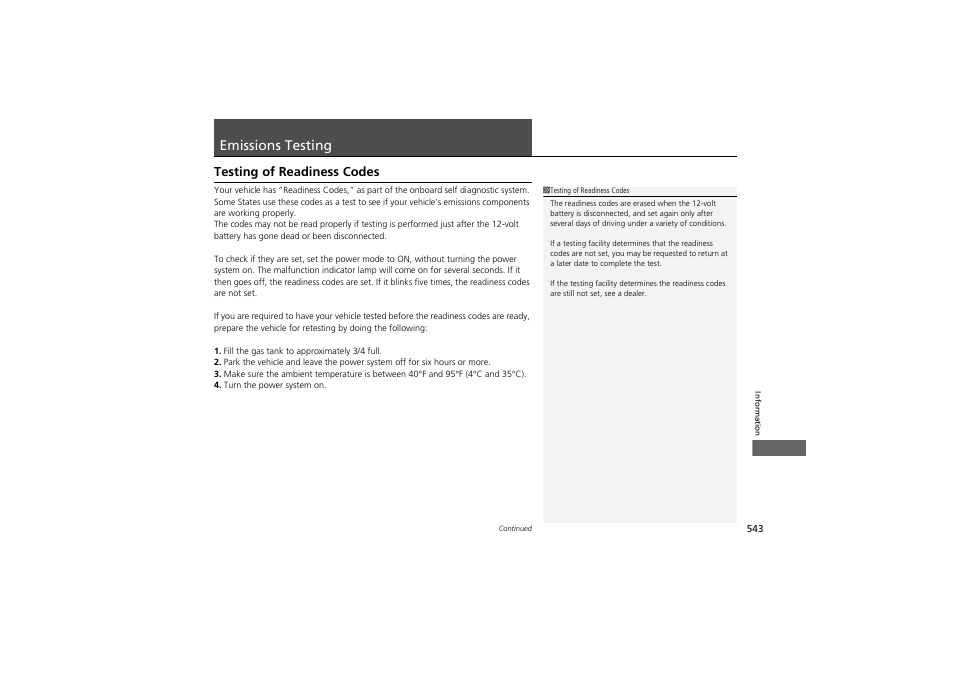 Emissions testing, Testing of readiness codes | HONDA 2014 Accord Hybrid - Owner's Manual User Manual | Page 545 / 561