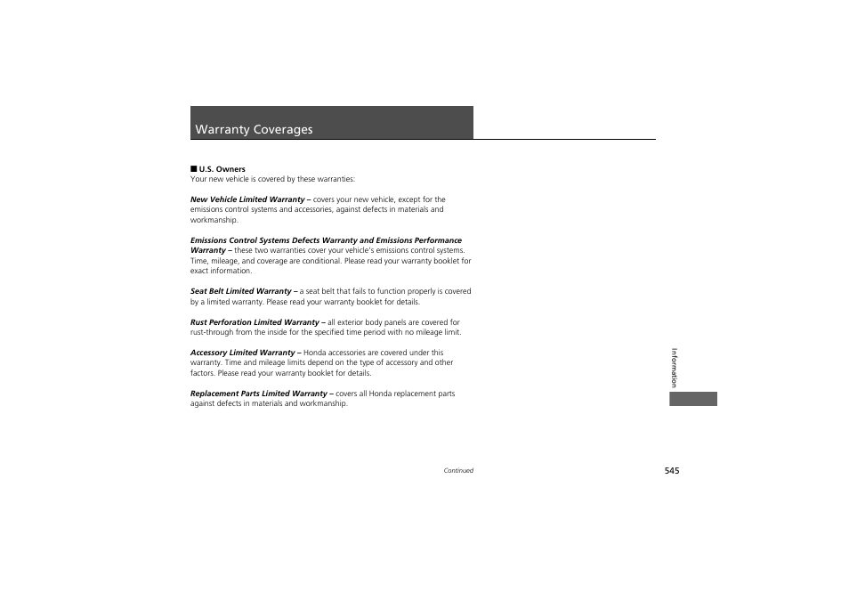 Warranty coverages | HONDA 2014 Accord Hybrid - Owner's Manual User Manual | Page 547 / 561