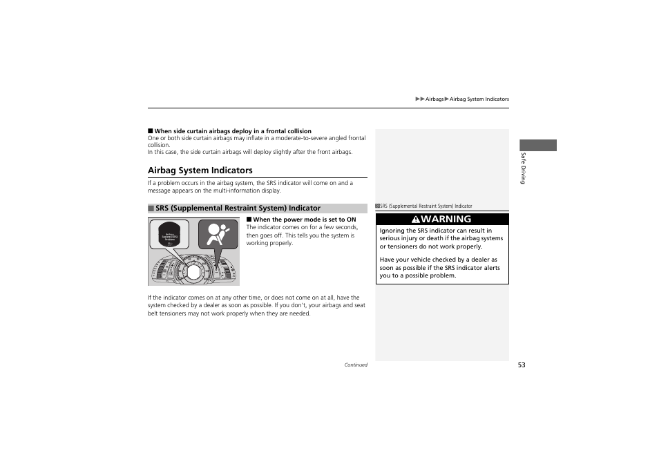 Warning, Airbag system indicators | HONDA 2014 Accord Hybrid - Owner's Manual User Manual | Page 55 / 561