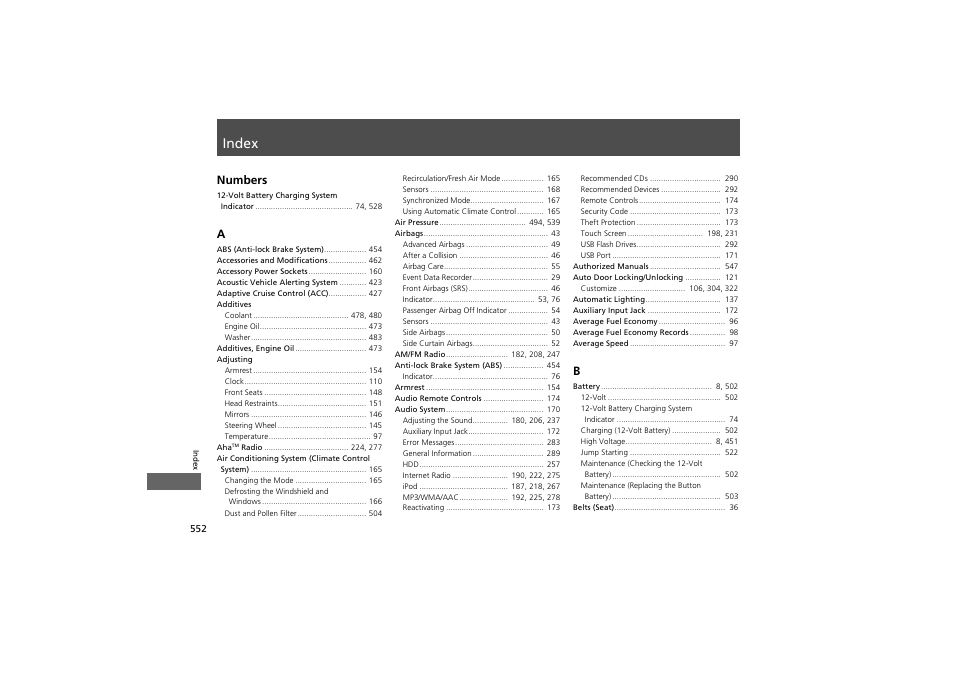 Index, Index numbers | HONDA 2014 Accord Hybrid - Owner's Manual User Manual | Page 554 / 561