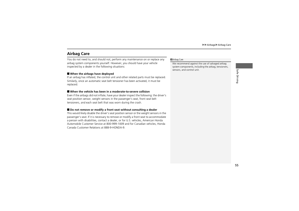 Airbag care | HONDA 2014 Accord Hybrid - Owner's Manual User Manual | Page 57 / 561