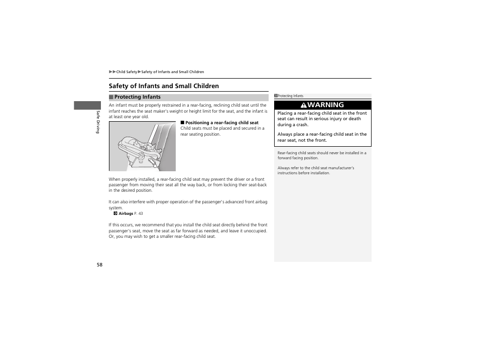 Warning, Safety of infants and small children | HONDA 2014 Accord Hybrid - Owner's Manual User Manual | Page 60 / 561