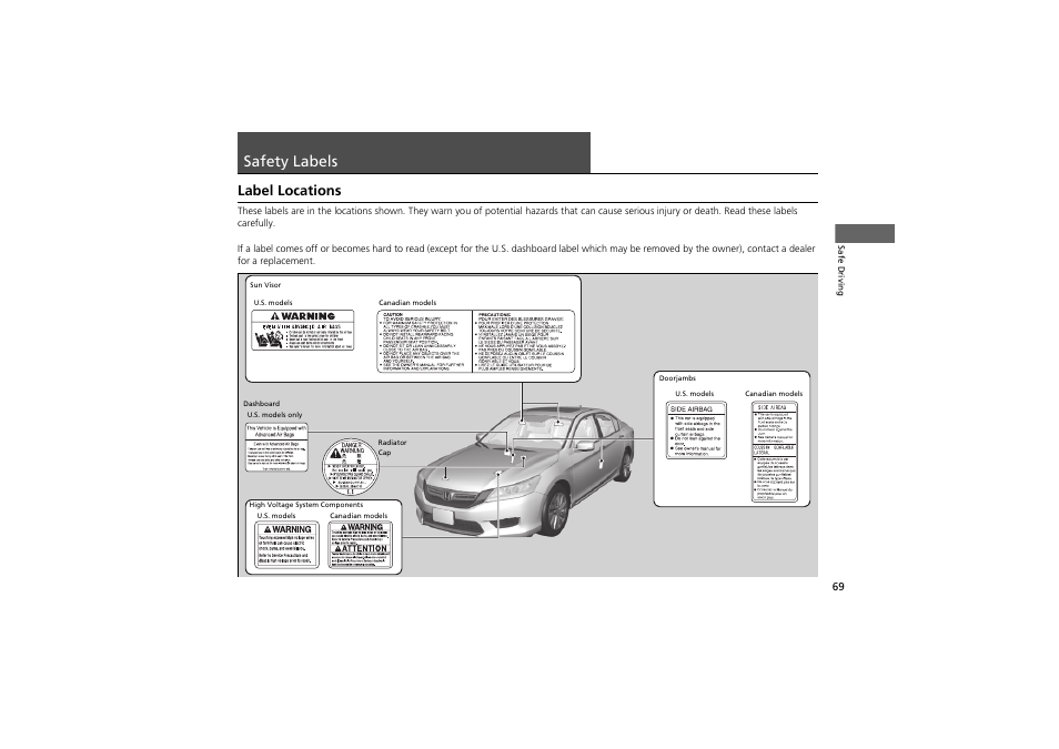 Safety labels, Label locations | HONDA 2014 Accord Hybrid - Owner's Manual User Manual | Page 71 / 561