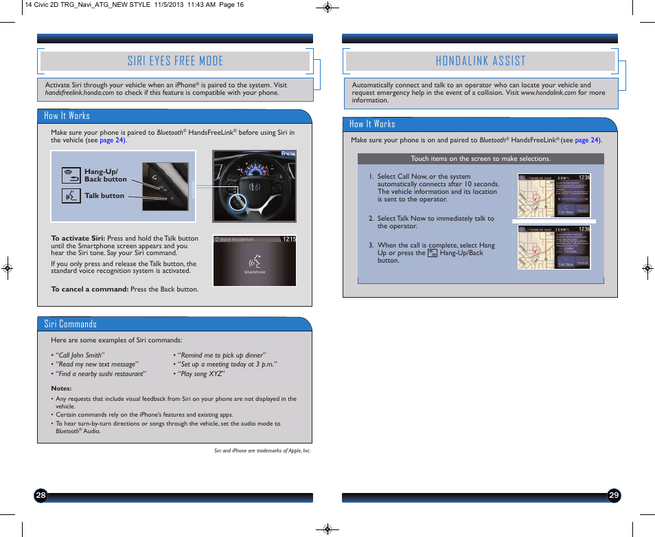 Siri eyes free mode, Hondalink assist, How it works | Siri commands | HONDA 1984 Civic Coupe (with Navigation) - Technology Reference Guide User Manual | Page 16 / 20