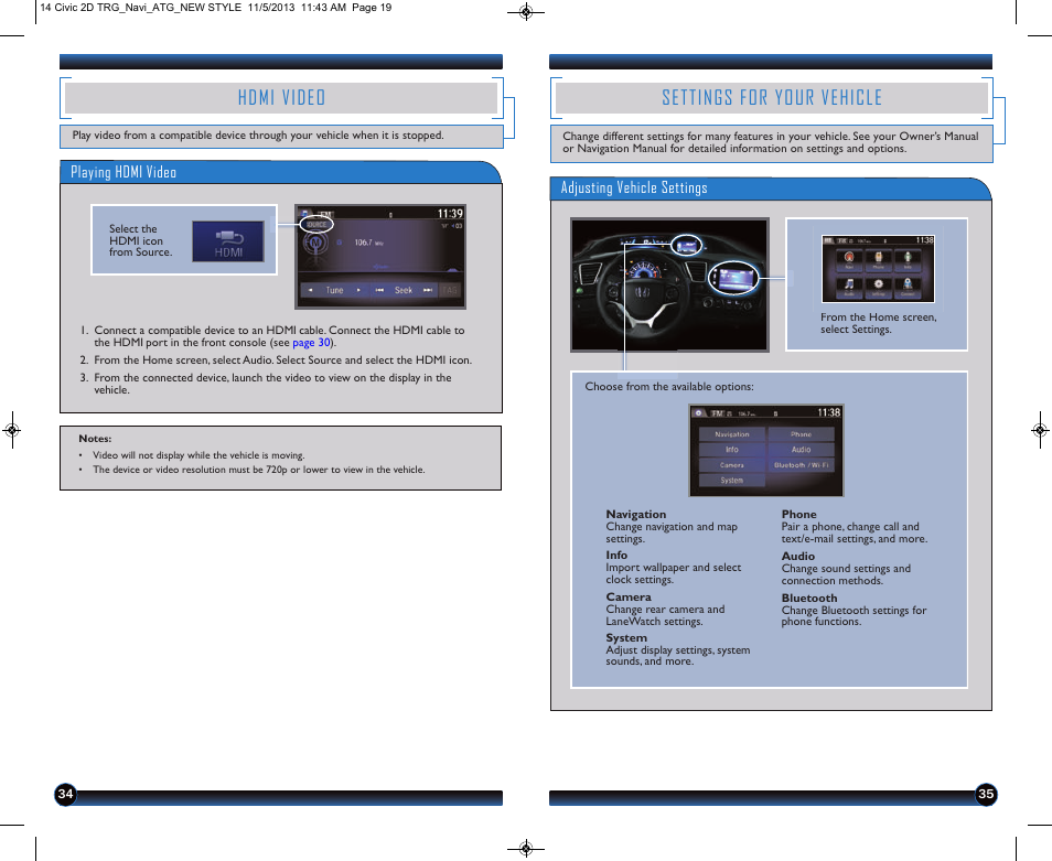 Settings for your vehicle, Hdmi video | HONDA 1984 Civic Coupe (with Navigation) - Technology Reference Guide User Manual | Page 19 / 20