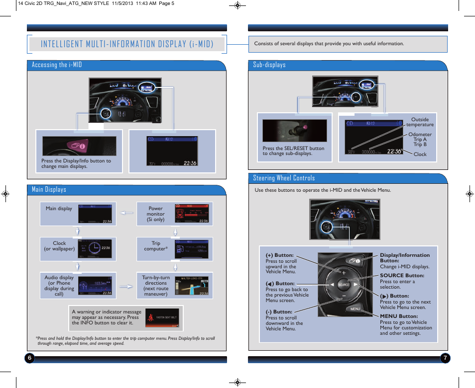 Intelligent multi-information display (i-mid), Sub-displays, Steering wheel controls | Main displays, Accessing the i-mid | HONDA 1984 Civic Coupe (with Navigation) - Technology Reference Guide User Manual | Page 5 / 20