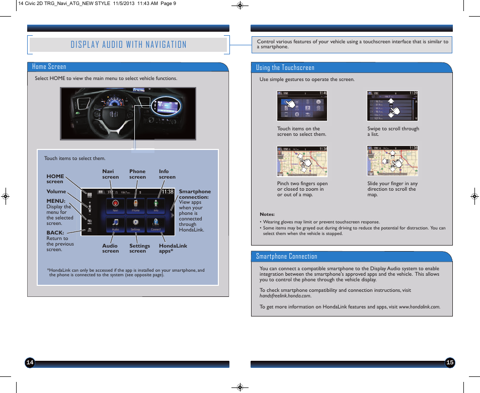 P.14, Display audio with navigation, Home screen | Using the touchscreen, Smartphone connection | HONDA 1984 Civic Coupe (with Navigation) - Technology Reference Guide User Manual | Page 9 / 20