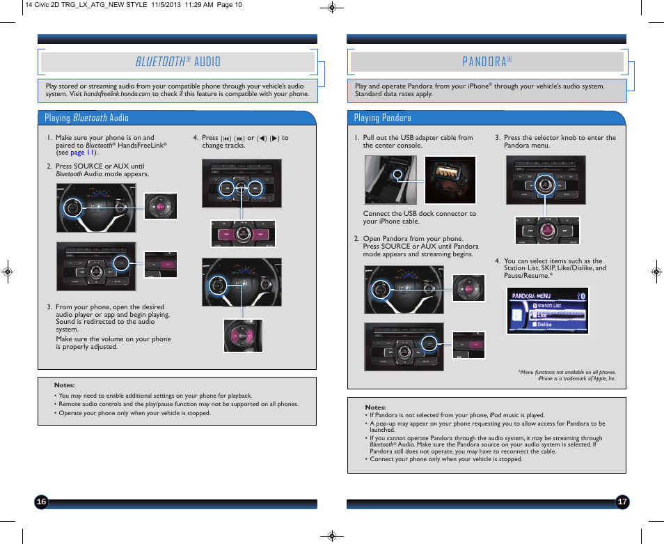 Bluetooth, Audio, Pandora | Playing bluetooth audio, Playing pandora | HONDA 1984 Civic Coupe (LX) - Technology Reference Guide User Manual | Page 10 / 11