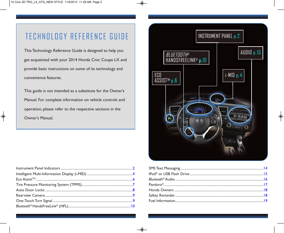 Technology reference guide, Eco assist, P.6 bluetooth | Handsfreelink, P.10 | HONDA 1984 Civic Coupe (LX) - Technology Reference Guide User Manual | Page 2 / 11