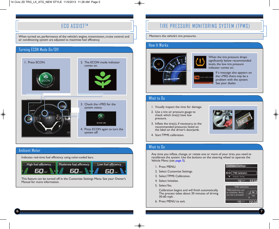 Tire pressure monitoring system (tpms), Eco assist, What to do | Turning econ mode on/off, Ambient meter, How it works | HONDA 1984 Civic Coupe (LX) - Technology Reference Guide User Manual | Page 5 / 11