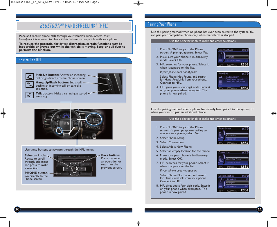 P.10, Bluetooth, Handsfreelink | Hfl), How to use hfl, Pairing your phone | HONDA 1984 Civic Coupe (LX) - Technology Reference Guide User Manual | Page 7 / 11