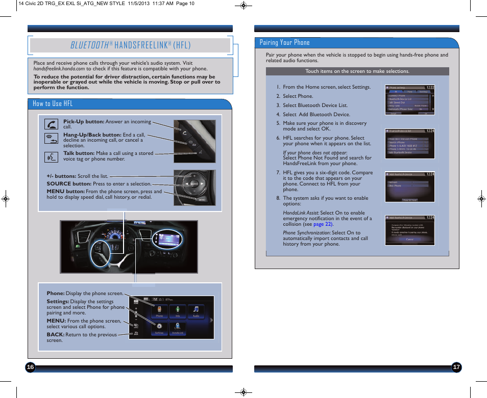 P.16, Bluetooth, Handsfreelink | Hfl) | HONDA 1984 Civic Coupe (EX, EX-L, and Si) - Technology Reference Guide User Manual | Page 10 / 16