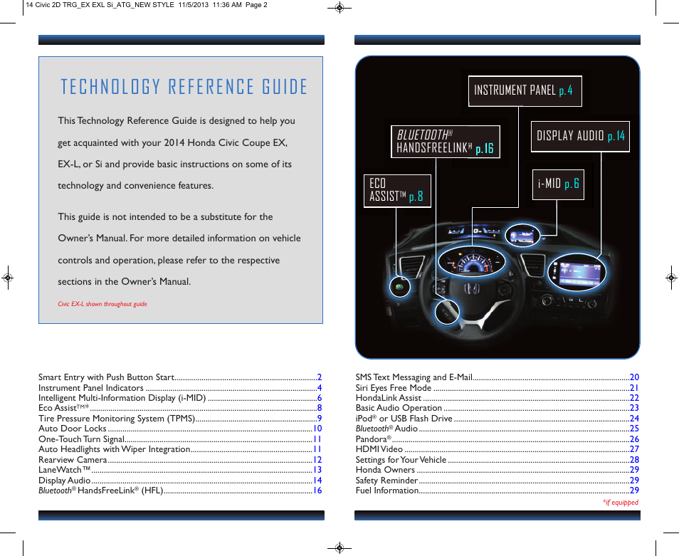 Technology reference guide, Eco assist, P.8 bluetooth | Handsfreelink, P.16 | HONDA 1984 Civic Coupe (EX, EX-L, and Si) - Technology Reference Guide User Manual | Page 2 / 16