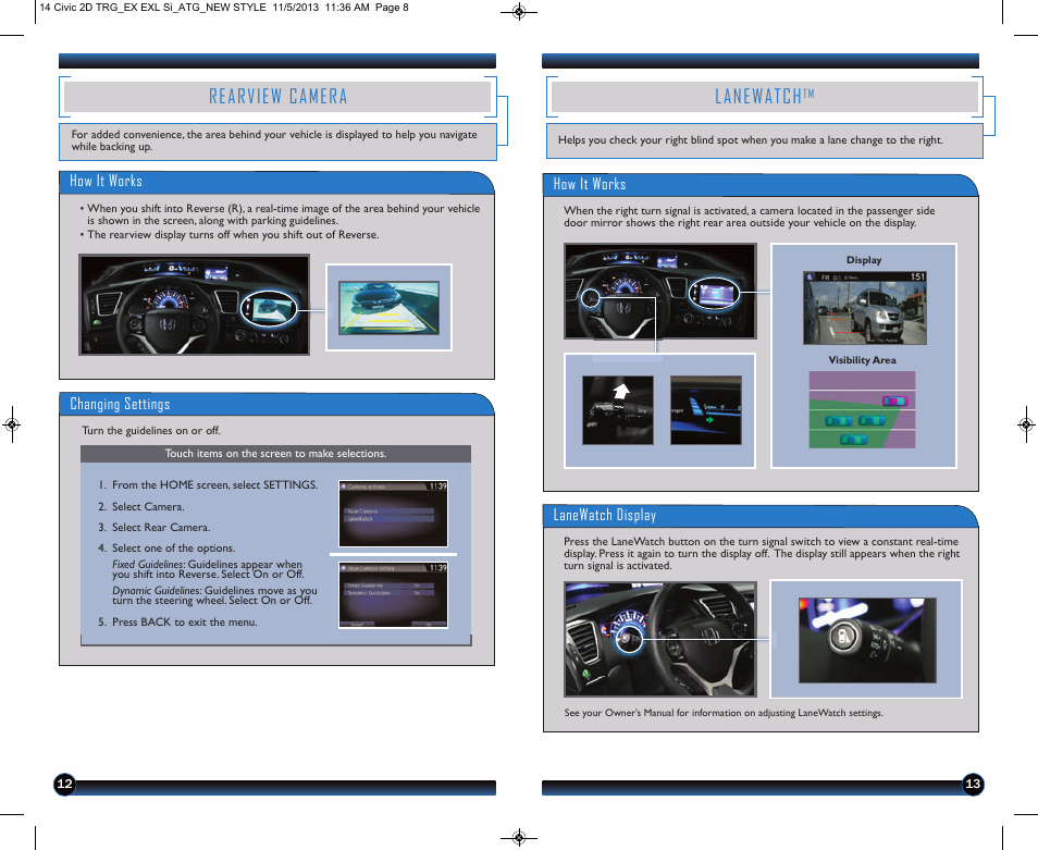 Rearview camera, Lanewatch | HONDA 1984 Civic Coupe (EX, EX-L, and Si) - Technology Reference Guide User Manual | Page 8 / 16