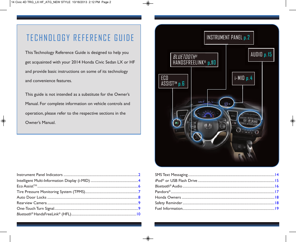 Technology reference guide, Eco assist, P.6 bluetooth | Handsfreelink, P.10 | HONDA 1984 Civic Sedan (LX, HF) - Technology Reference Guide User Manual | Page 2 / 11