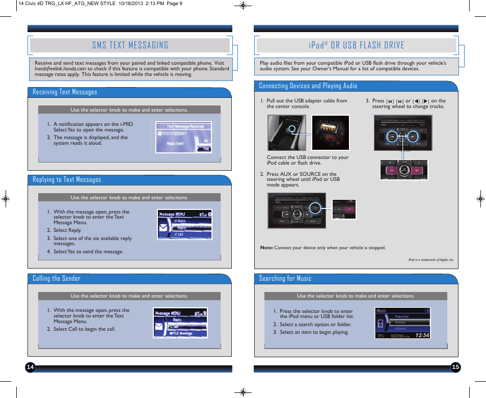 P.15, Sms text messaging, Ipod | Or usb flash drive | HONDA 1984 Civic Sedan (LX, HF) - Technology Reference Guide User Manual | Page 9 / 11