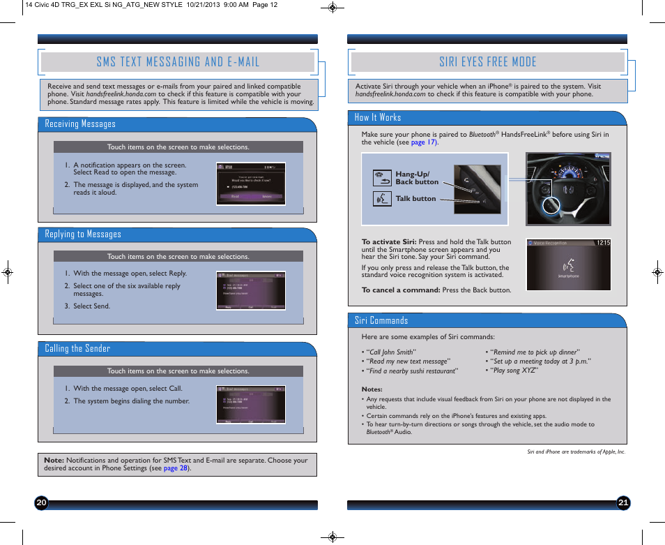 Siri eyes free mode, Sms text messaging and e-mail, Receiving messages | Replying to messages, Calling the sender, How it works, Siri commands | HONDA 1984 Civic Sedan (EX, EX-L, Si, and Natural Gas) - Technology Reference Guide User Manual | Page 12 / 16